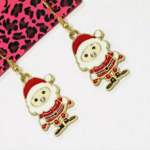 Red Enamel Rhinestone Holiday Christmas Santa Claus Dangle Drop Earrings - Picture 8 of 9